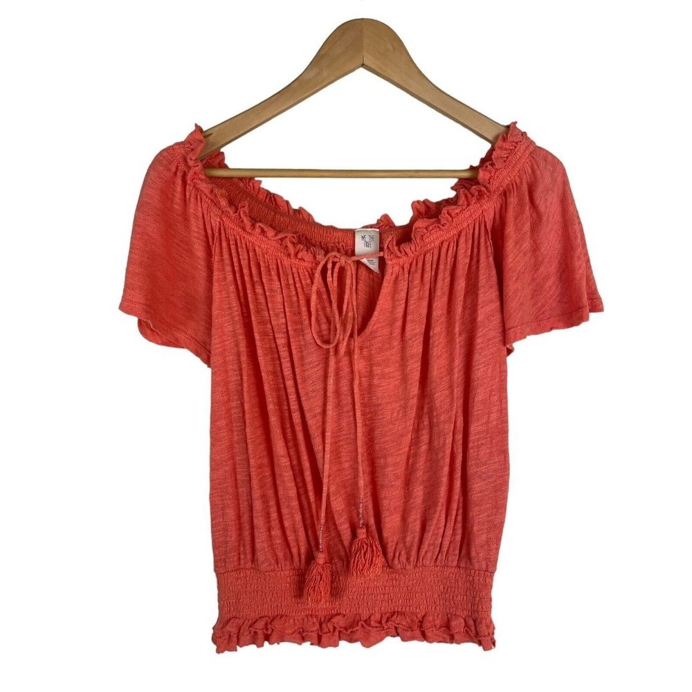 Free People Top Size XS Orange Linen Blend Flutter Sleeve Drawstring Neck EUC